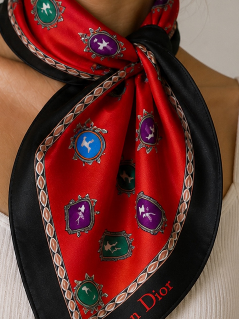 Christian Dior Red & Black Jeweled Print Silk Scarf - Picture 2 of 10